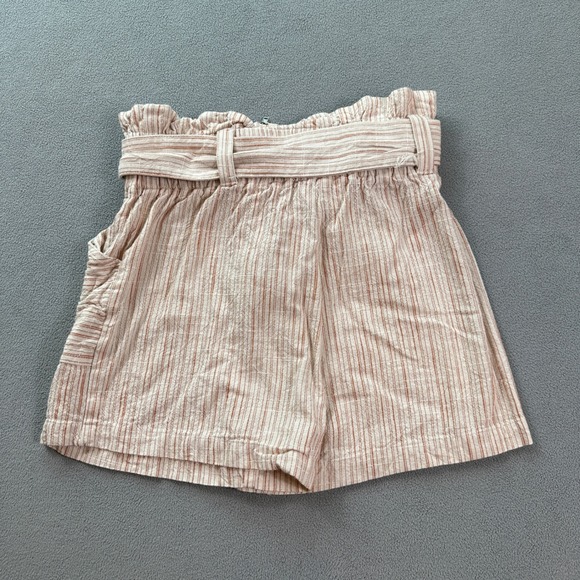 Line & Dot Paperbag Shorts Small High Tie Waist Striped Belted Linen Blend Comfy - Picture 2 of 7